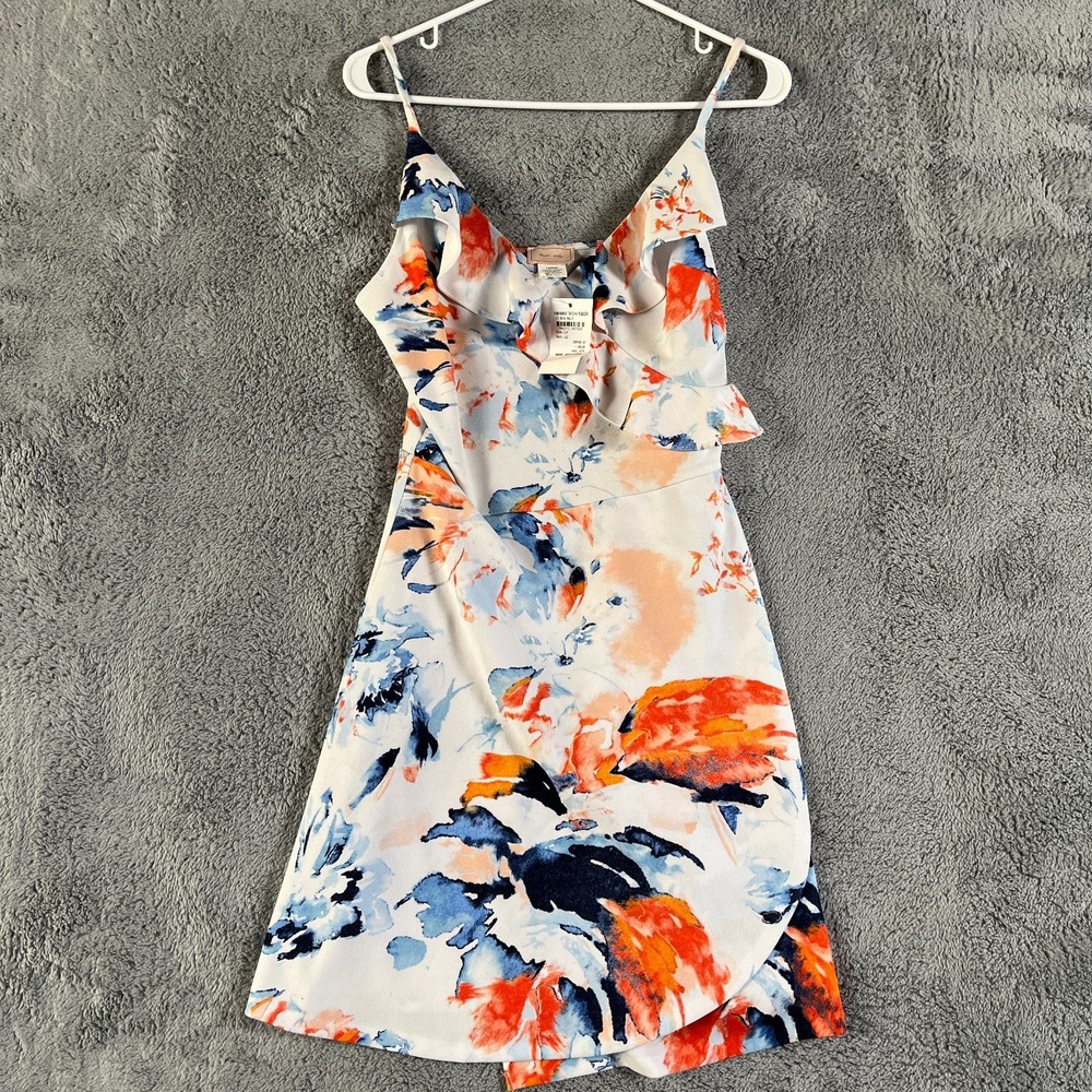 Love...ady Fit & Flare Dress Womens L Multi Floral Ruffle V-Neck Spaghetti Strap